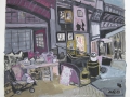 Trödel im S-Bahn Bogen, 2010, Aquatinta mit Gouache übermalt, 50x40 cm