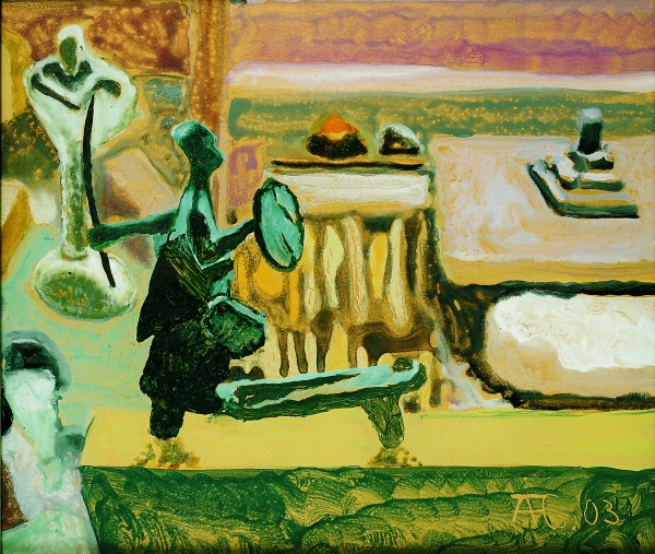 Im Bildhaueratelier, 2003, Hinterglasmalerei, 25,5x29 cm
