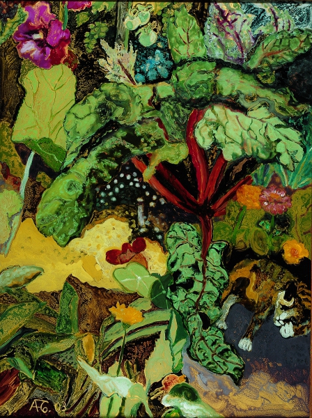 Bauerngarten mit Mangold, 2003, Hinterglasmalerei, 82x61 cm