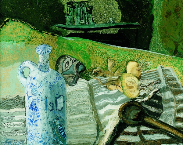Stillleben mit Ölflasche und "Hausboot", 2003, Hinterglasmalerei. Für Jo. 40x50 cm