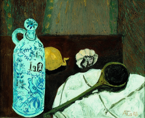 Stillleben mit Ölflasche, Zwiebel und Knoblauch, 2002, Hinterglasmalerei, radiert und collagiert, 40x50 cm