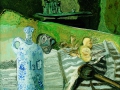 Stillleben mit Ölflasche und "Hausboot", 2003, Hinterglasmalerei. Für Jo. 40x50 cm