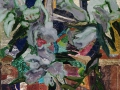 Lilien, 2007, Hinterglasmalerei, radiert und collagiert, 64x48 cm