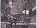 Hofeinfahrt mit Pförtner (aus der Folge "Berlin Alexanderplatz" nach A. Döblin), 1980, Farbaquatinta
