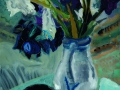 Afrikanisches Gefäß und Schwertlilien, 2009, Hinterglasmalerei, 70x50 cm