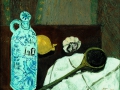 Stillleben mit Ölflasche, Zwiebel und Knoblauch, 2002, Hinterglasmalerei, radiert und collagiert, 40x50 cm