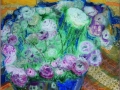 Ranunkeln in großer Schale, 2009, Hinterglasmalerei, radiert und collagiert, 70x50 cm